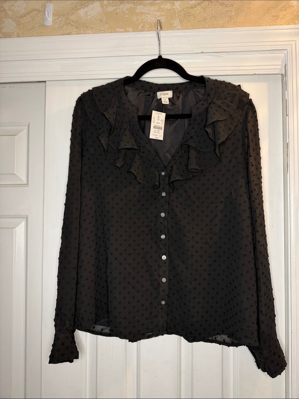 J. Crew Black Swiss Dot Ruffle Button-Front Blouse